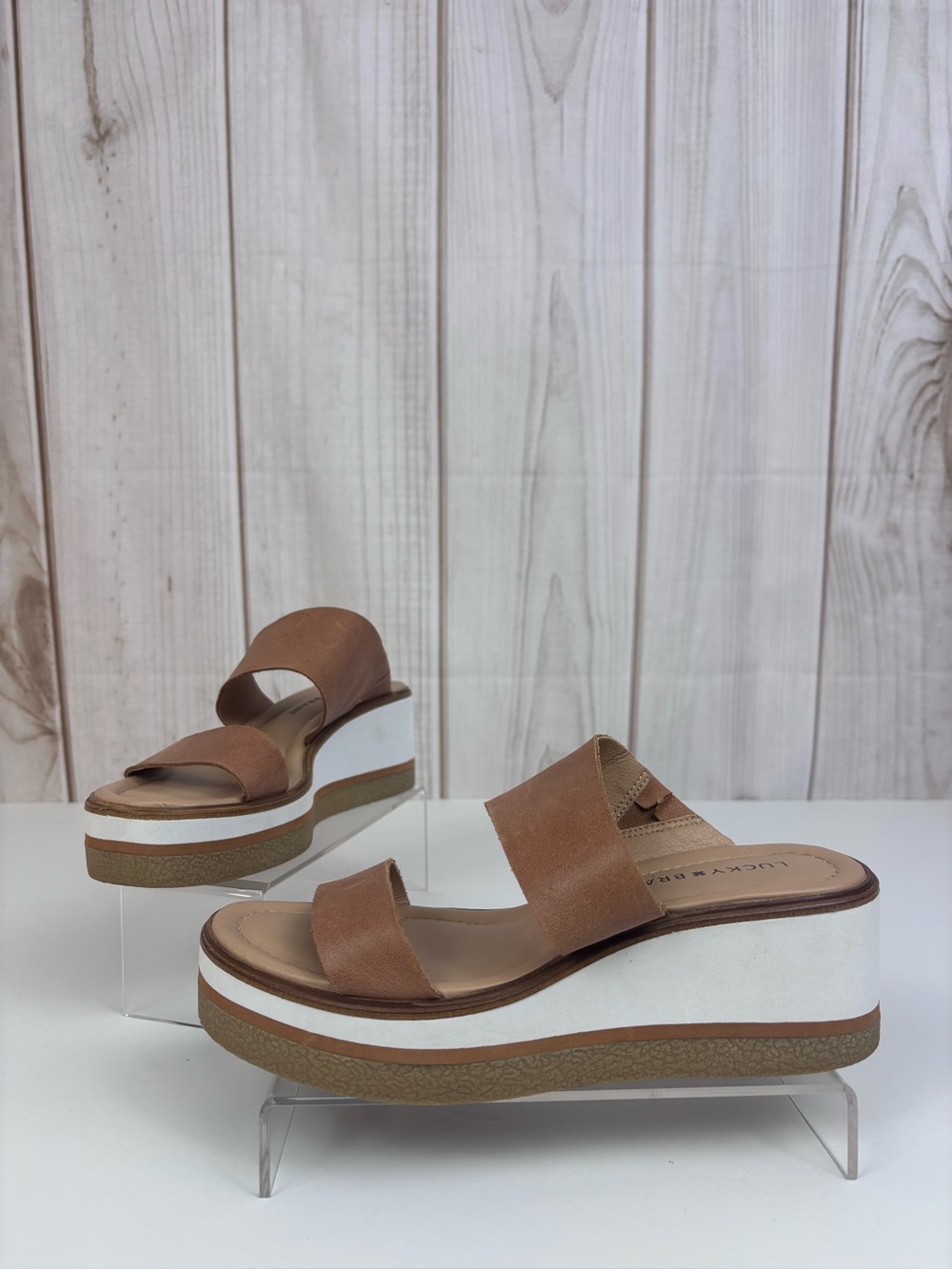 Lucky Brand Leather Platform Slide Sandals Double Strap Wedge Shoes Brown Size 7